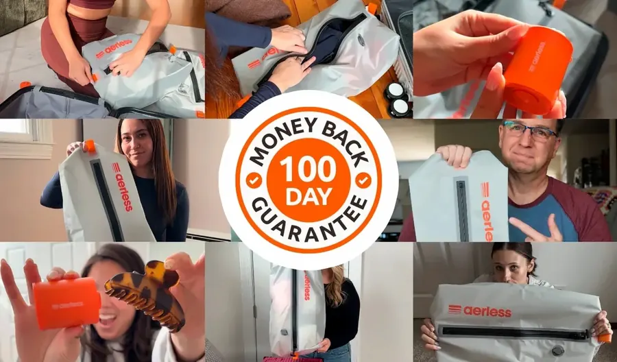Collage of people packing with Aerless bags around a badge reading 100 day money back guarantee