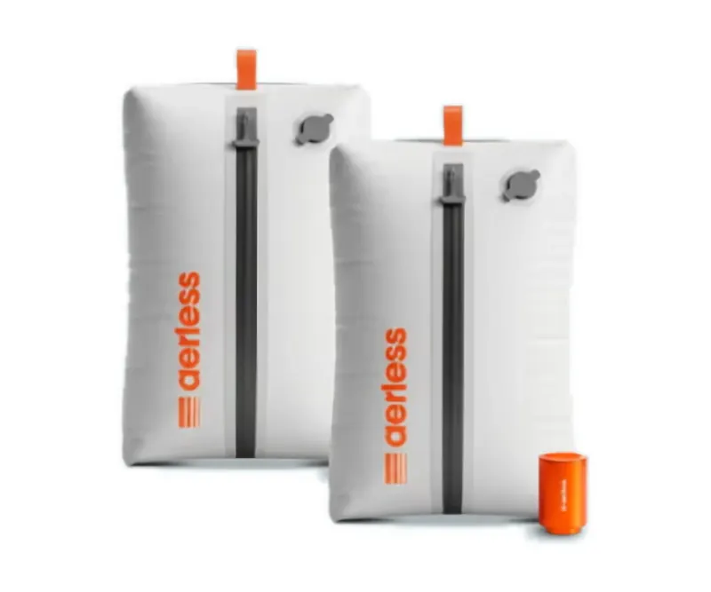Two grey Aerless vacuum bags shown with one orange pump