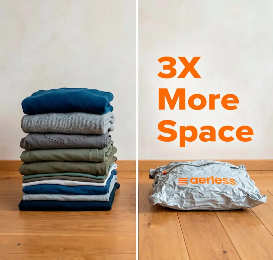 Before and after comparison: a tall stack of folded sweaters next to the same clothes compressed flat inside an Aerless bag